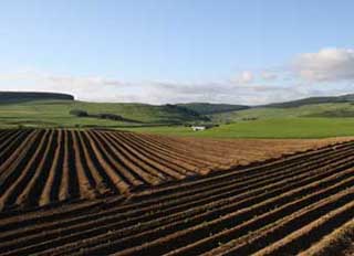 Photograph of ploughed field with hills and forestry in the background